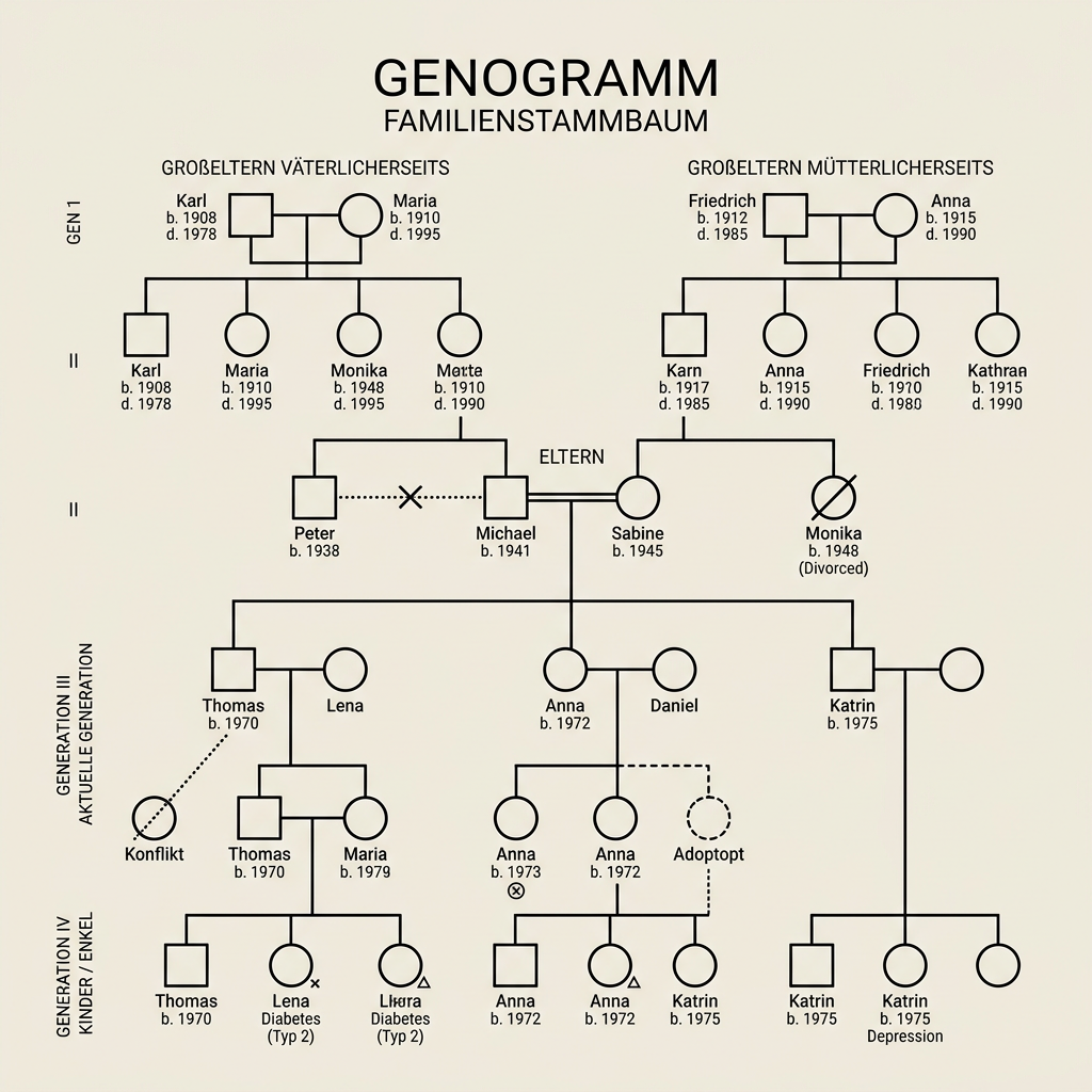 Multigenerational family genogram showing relationships, birth and death years, divorces, and health conditions.
