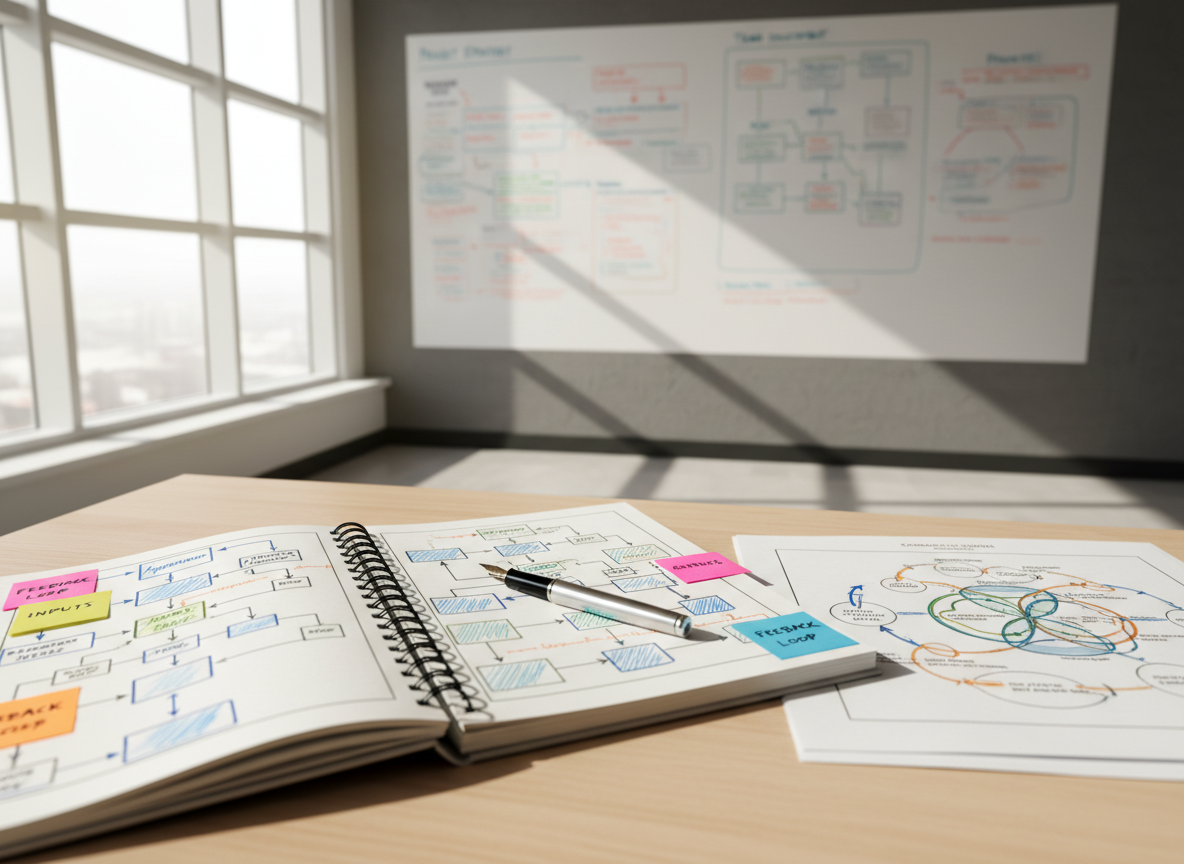 A meticulously arranged desk in a bright training room, featuring an open notebook filled with neat systems diagrams, colored sticky notes, and a sleek silver pen resting across the page. Next to it lies a printed schema of interconnected circles and arrows symbolizing relationships and dynamics. The desk sits against a backdrop of a large whiteboard covered with structured, color-coded mind maps. Soft, diffused daylight filters through tall windows, casting gentle, natural shadows and a calm, professional glow. Photographed at eye level with a slightly shallow depth of field, the focus rests on the notebook while the whiteboard blurs subtly, conveying clarity, reflection, and structured learning in a clean, modern, photographic realism style.