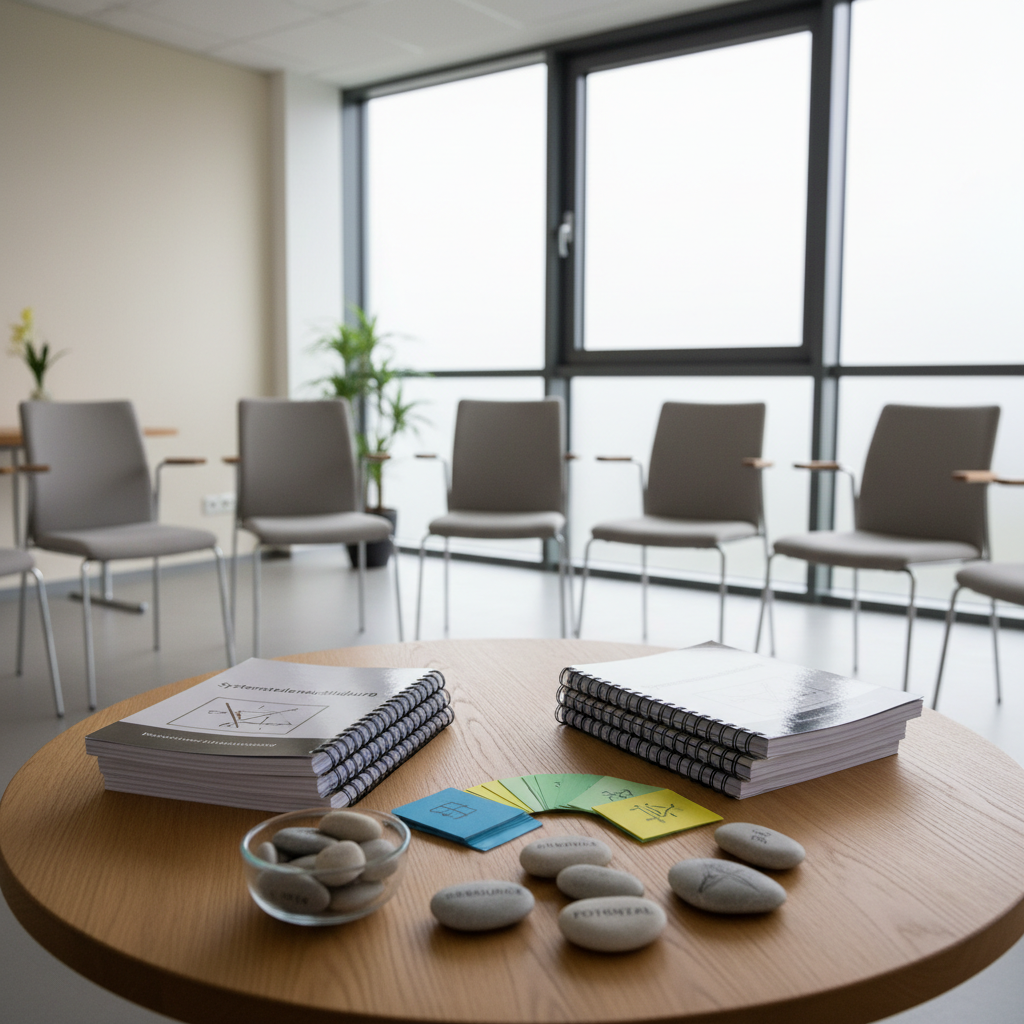 A serene seminar space with an empty circle of modern, light-grey chairs surrounding a low wooden table. On the table rest neatly stacked training manuals titled “Systemstellenausbildung” beside color-coded index cards and a small glass bowl filled with polished stones, each engraved with concise system-related terms. Large windows line one wall, letting in gentle overcast daylight that evenly illuminates the room, minimizing harsh shadows. The camera is positioned at chair height, looking into the circle to create a sense of invitation and openness. The mood is reflective, calm, and professional, captured in photographic realism with balanced composition and clear depth, suitable for an educational setting about systemic work.